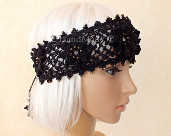 Black OOAK Irish Lace 3D Crochet Headband Dreadlock Head Wrap Boho Gold Glass Beaded Women Ivory Wedding Bridal Cotton Hair Snood