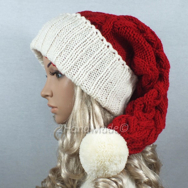 Unisex Santa Hat Adulto Mujeres Largo Hecho a mano Punto Gorro de gran tamaño Boina Baggy Slouchy Rojo Crema Blanco Navidad Navidad Santa Chunky Pom Pom