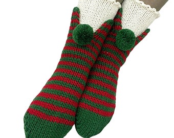 Knitted Red Green White Striped Socks Santa Christmas Decorations Xmas Handmade Merino Wool Women Men Teen Kids Pom Pom
