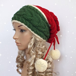 Santa Hat Adult Cable Knit Oversized Beret Baggy Neck Warmer Slouchy Christmas Santa Hat Transformer Beanie Chunky Tube Scarf Pom Poms image 1