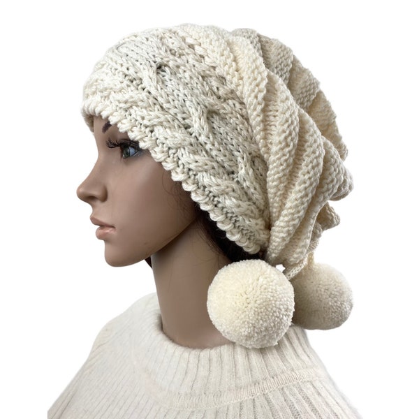 Slouchy Beanie Slouch Hats Oversized Baggy Cabled Hat Neck Warmer womens Fall Winter Accessory Cream White Hand Made Knit