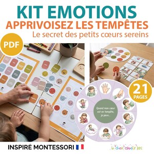 May include: A colorful educational kit with the text "KIT EMOTIONS" and "APPRIVOISEZ LES TEMPÊTES". The image shows various cards and illustrations designed to teach children about emotions. The kit includes a circular diagram and a "PDF" label.