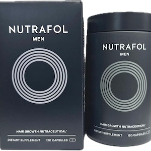 May include: A dark gray box and bottle of Nutrafol Men hair growth nutraceutical dietary supplement. The box and bottle have white text and a circular design. The box and bottle each contain 120 capsules.