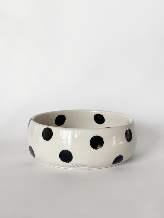 White Ceramic Pet Bowl, Handmade Polka Dot Pet Dish, Pottery Bowl for Cats & Small Dogs