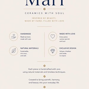 Op de afbeelding: Een beige informatieve afbeelding voor Mari Ceramics with Soul. De tekst bevat koppen zoals Handmade, Made with Love, Natural Materials en Exclusive Design, vergezeld door iconen van een hart, blad en diamant, plus beschrijvende tekst.