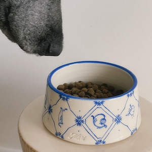 Luxe voerbak, handgemaakt keramiek, gepersonaliseerde kattenbak, elegante hondenschaal van blauw aardewerk, esthetische voerbak voor huisdieren