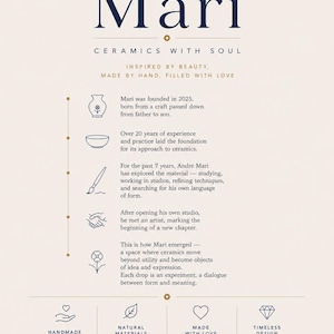 Op de afbeelding: Een cr&egrave;mekleurige informatieposter met de titel Mari Ceramics with Soul. Het bevat donkerblauwe tekst over de merkgeschiedenis, een tijdlijn met iconen van een vaas, kom, penseel, handen en bloem, en vier secties: Handmade, Natural Materials, Made With Love en Timeless Design.