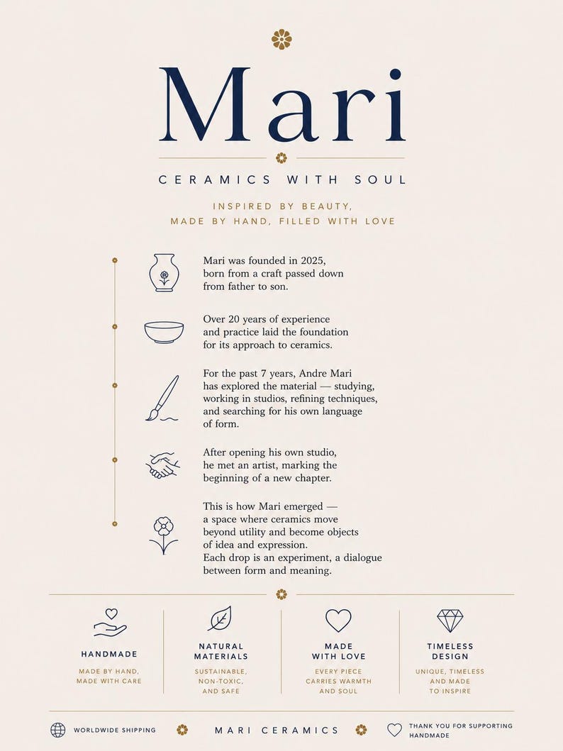 Op de afbeelding: Een cr&egrave;mekleurige informatieposter met de titel Mari Ceramics with Soul. Het bevat donkerblauwe tekst over de merkgeschiedenis, een tijdlijn met iconen van een vaas, kom, penseel, handen en bloem, en vier secties: Handmade, Natural Materials, Made With Love en Timeless Design.