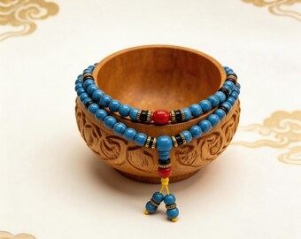 Tibetan Turquoise 108 Mala Bracelet, Meditation Prayer Beads, Wrap Bracelet, Handmade Buddhist Yoga Spiritual Gift