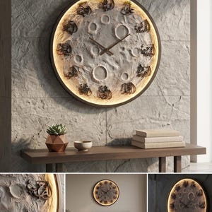 May include: A circular wall clock featuring a textured, cratered lunar surface dial with dark brown Arabic calligraphy numerals. The clock has thin, dark brown hands and a warm, integrated LED backlight that illuminates the perimeter of the frame.