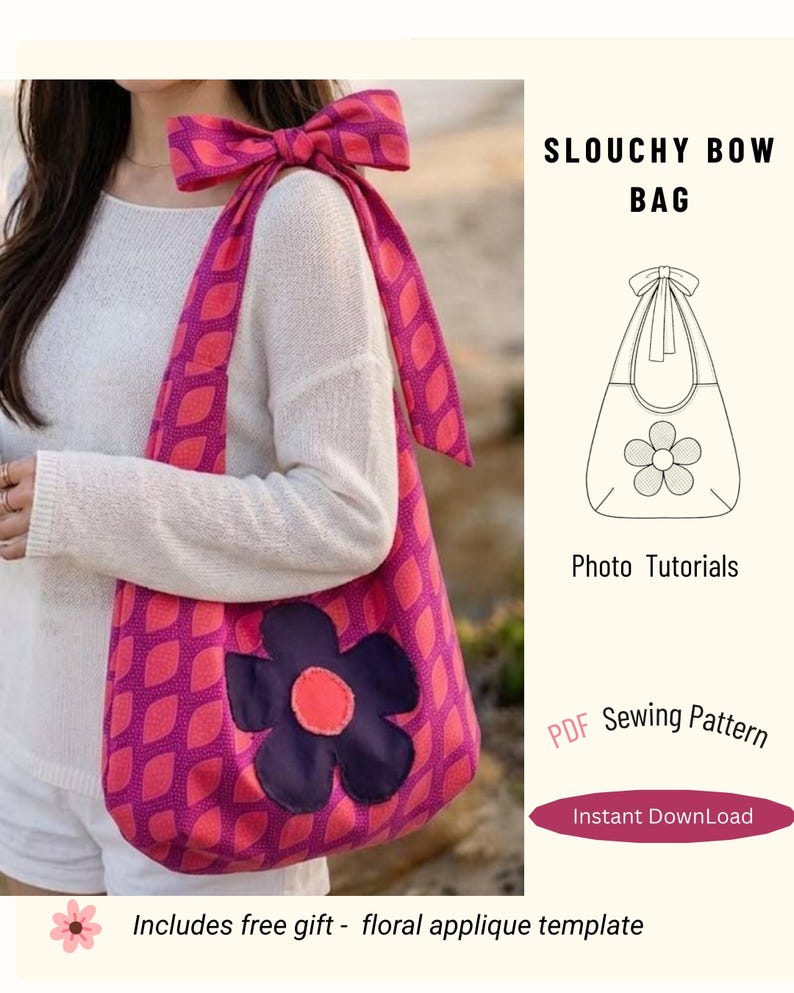 Slouchy Bow Bag Sewing Pattern, Beginner Friendly PDF Tutorial, Hobo ...