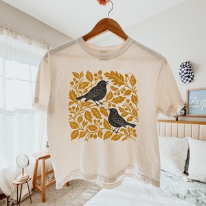 Blackbird Botanical Boxy Tee, Comfort Colors Linocut Bird Cropped Shirt, Vintage Cottagecore Crop Top, Nature Lover Gift for Her
