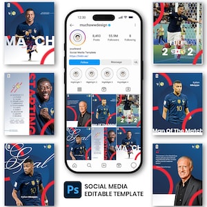 Puede incluir: Un teléfono inteligente que muestra el perfil de Instagram de muchawwdesign, con plantillas editables para redes sociales que incluyen imágenes de Kylian Mbappé y Didier Deschamps con camisetas de la selección francesa y elementos gráficos circulares rojos.