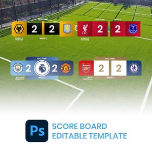 May include: A digital graphic template for a soccer scoreboard featuring four match results from Week 2, displaying team logos, scores of 2-2, and player names. The design includes the Adobe Photoshop logo and the text Score Board Editable Template.