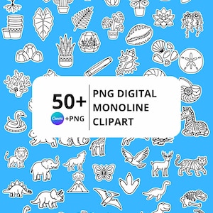 May include: A collection of over 50 black and white monoline digital clipart illustrations featuring plants, seashells, animals, and dinosaurs on a blue background with the text 50+ PNG DIGITAL MONOLINE CLIPART and a Canva logo.