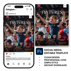 May include: A digital social media template for Instagram featuring a photograph of a young fan cheering at a stadium. The graphic includes the text JULY MATCH FIXTURES and displays three upcoming football match pairings with team logos and dates.