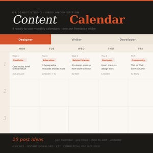 May include: A digital content calendar titled "Content Calendar" in white and orange. The calendar is divided into sections for Designer, Writer, Developer, and Coach. It includes a list of post ideas and the text "20 post ideas".