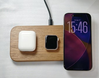 Cargador inalámbrico 3 en 1 de madera de nogal negro / Estación de carga de escritorio dual de 15 W con certificación Qi