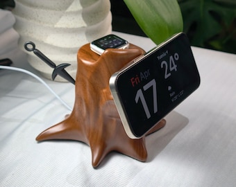 Soporte para cargador MagSafe Ninja Tree Stump, decoración de escritorio para iPhone y Apple Watch en resina de nogal