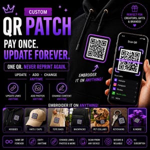 May include: A custom QR code patch displayed on a black hoodie, with a smartphone scanning the code. The graphic includes text: CUSTOM QR PATCH, PAY ONCE. UPDATE FOREVER. ONE QR. NEVER REPRINT AGAIN. Examples show the patch on hats, bags, and collars.