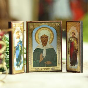 Saint Matrona Triptych Icon 5.12x3.15 inches, Christian Folding Icon Decor