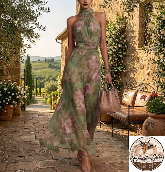 elena floral halter maxi dress Romantic Chiffon – Dreamy Green High-neck Gown Wedding guest dress