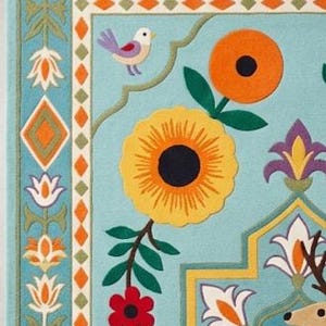 Sky Blue Wool Hand-Tufted Deer Floral Area Rug, Folk Art Botanical 9x12 image 3