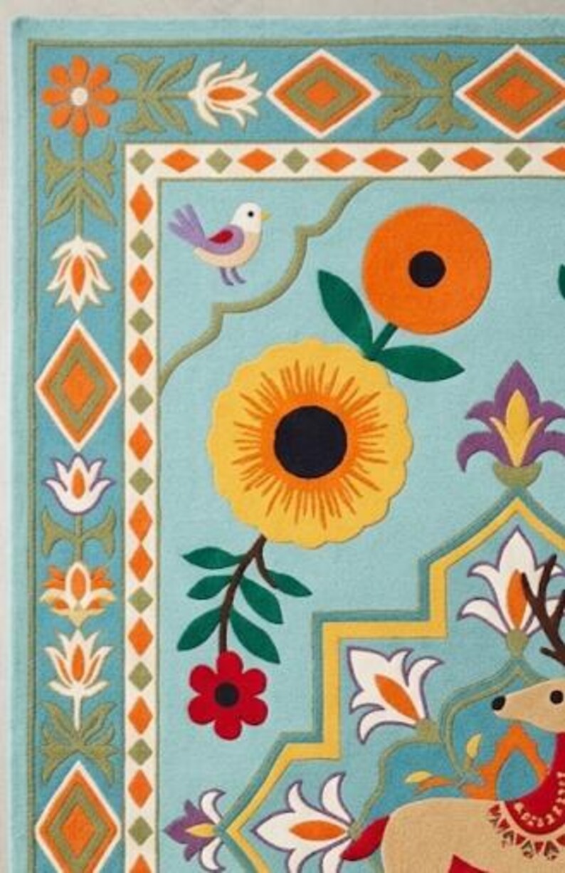 Sky Blue Wool Hand-Tufted Deer Floral Area Rug, Folk Art Botanical 9x12 image 3