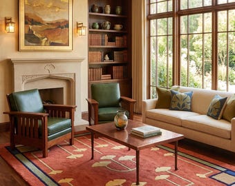 May include: A living room with a red rug featuring a geometric design and a border of blue and green. Two green leather armchairs and a beige sofa are arranged around a copper coffee table. A fireplace and a large window complete the scene.