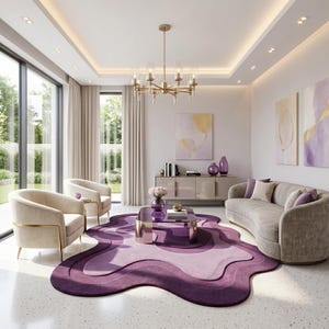 May include: A living room featuring a curved beige sofa, two matching armchairs with gold accents, and a purple layered area rug with an organic shape. A glass coffee table sits in the centre, with a sideboard and a gold chandelier overhead.