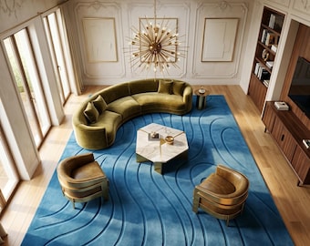 Blue Merino Wool Hand-Tufted Abstract Wave 3D Carved Rug
