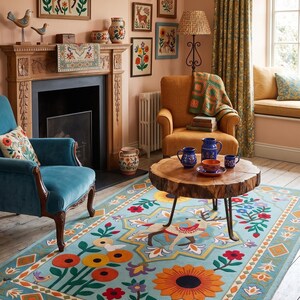 May include: A light blue area rug featuring a central deer motif surrounded by large orange sunflowers, red flowers, and small birds. The rug has a geometric border with diamond shapes and floral accents, creating a colorful, patterned floor covering.