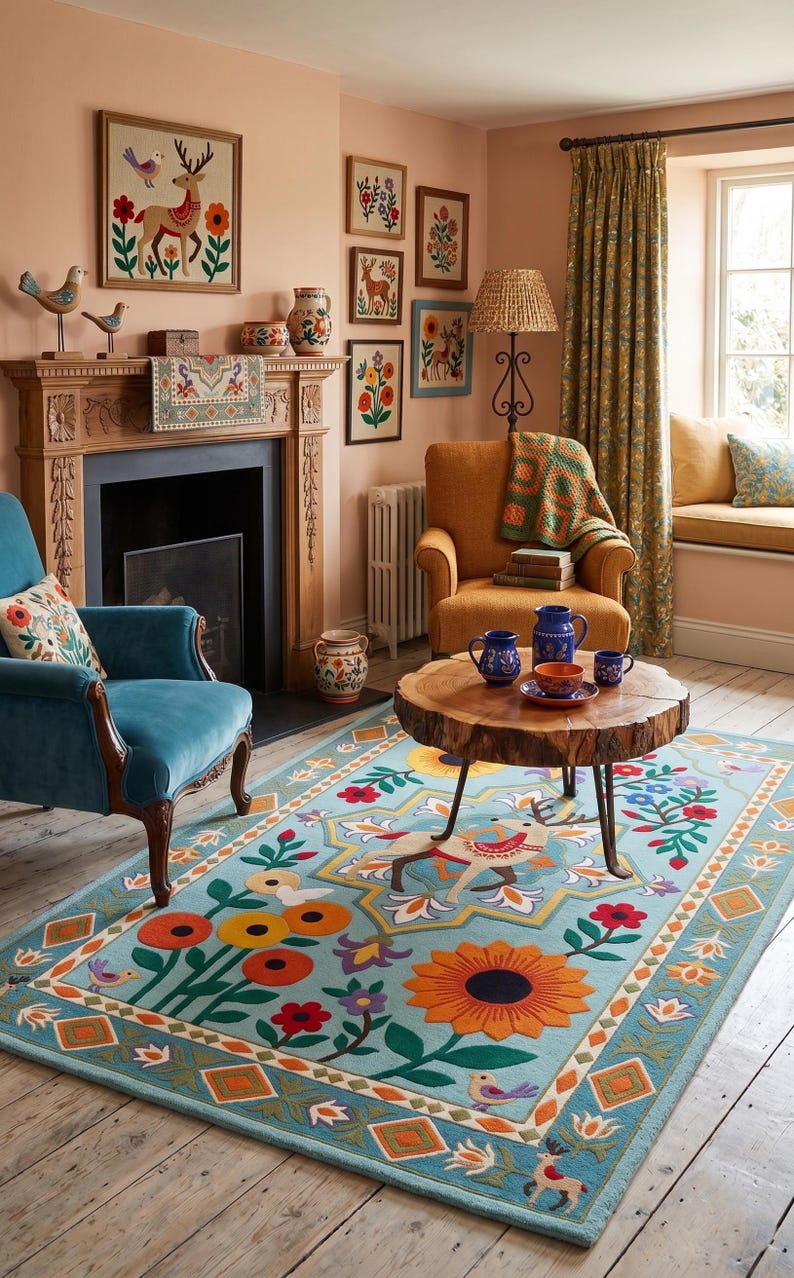 May include: A light blue area rug featuring a central deer motif surrounded by large orange sunflowers, red flowers, and small birds. The rug has a geometric border with diamond shapes and floral accents, creating a colorful, patterned floor covering.