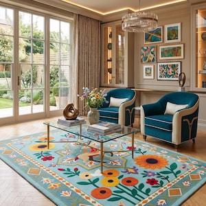 May include: A large rectangular area rug featuring a light blue background with a colorful floral and deer pattern, including sunflowers, small birds, and geometric borders. The rug is placed in a room with two teal armchairs and a glass coffee table.