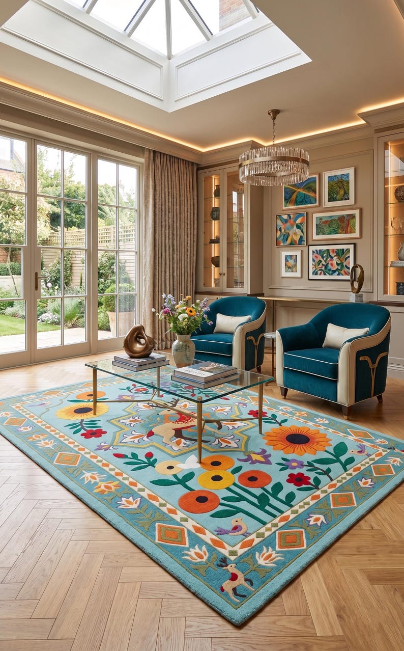 May include: A large rectangular area rug featuring a light blue background with a colorful floral and deer pattern, including sunflowers, small birds, and geometric borders. The rug is placed in a room with two teal armchairs and a glass coffee table.