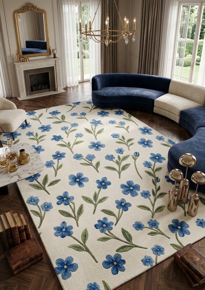 Blue Floral Hand Tufted Wool Rug – Botanical Pattern, Handmade Soft ...