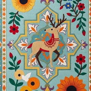 Sky Blue Wool Hand-Tufted Deer Floral Area Rug, Folk Art Botanical 9x12 image 6
