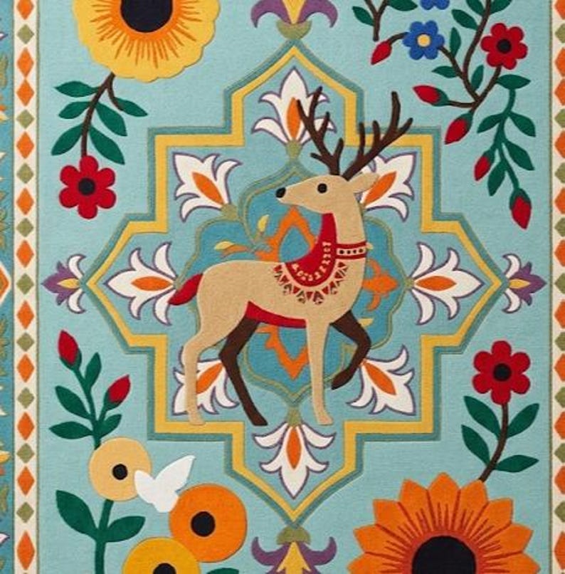 Sky Blue Wool Hand-Tufted Deer Floral Area Rug, Folk Art Botanical 9x12 image 6
