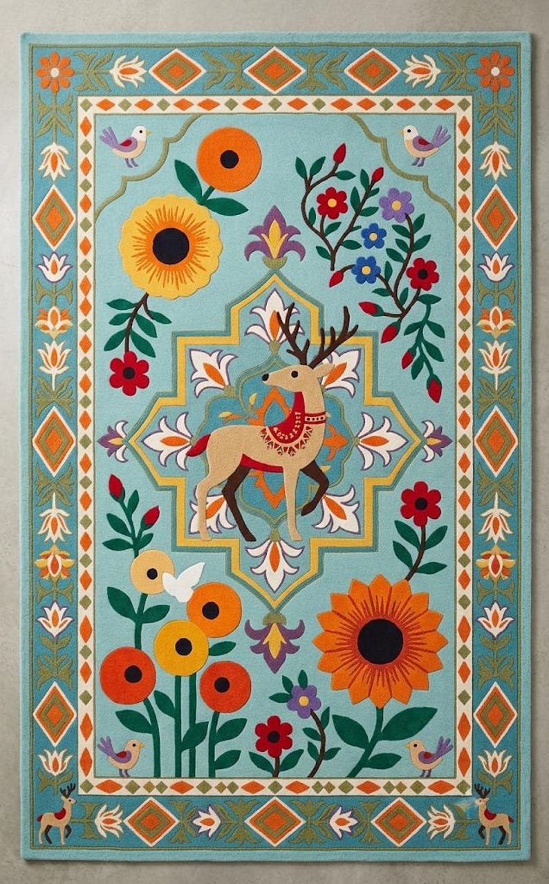 May include: A rectangular area rug with a light blue background featuring a central tan deer with antlers, surrounded by colorful floral motifs, orange sunflowers, and small birds. The border displays a geometric pattern of diamonds and leaves.