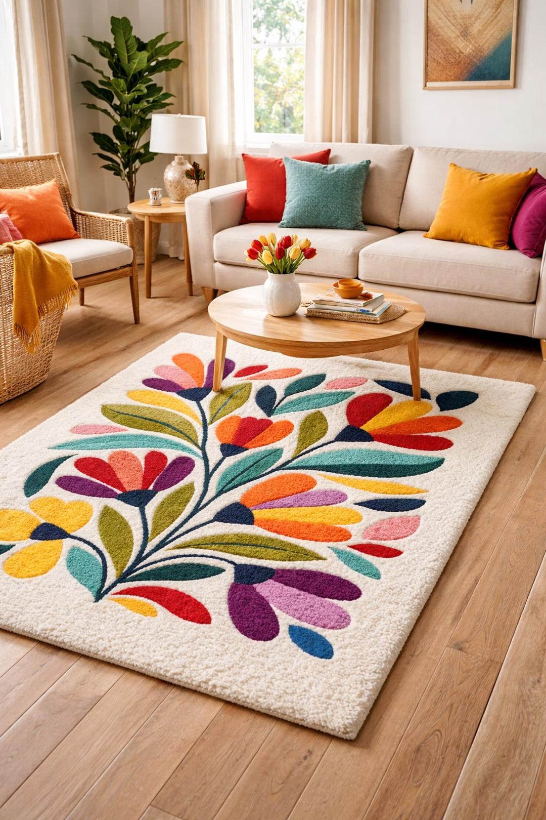 Multicolor Floral Hand Tufted Wool Rug – Ivory Base Botanical Design - Etsy