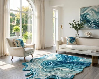 May include: A blue and white abstract rug with a wave-like design dominates the room. The rug's irregular shape and color palette of blues and whites create a flowing, water-like effect. The room also features a white sofa, armchair, and matching throw pillows.