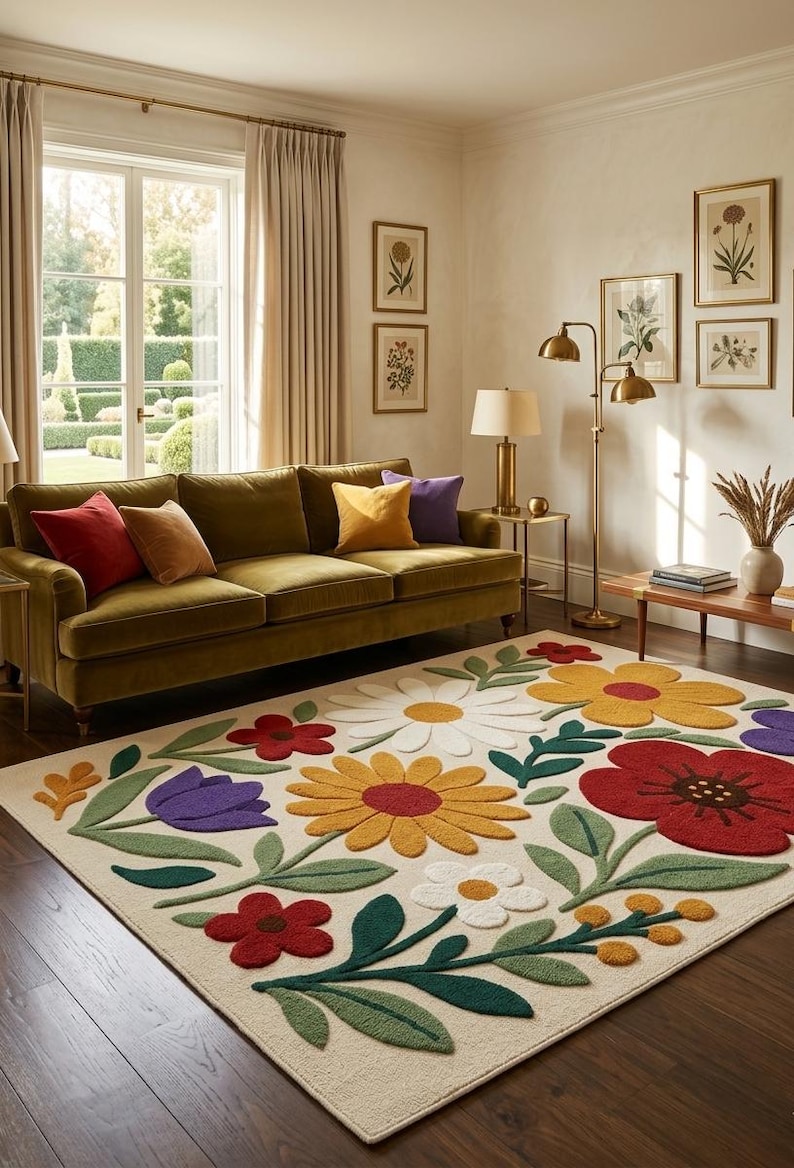 Multicolor Floral Hand-tufted Wool Rug | Botanical Flower Design Area ...