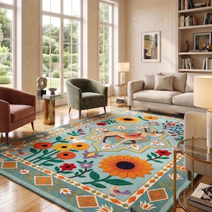 May include: A rectangular area rug featuring a light blue background with a colorful pattern of large orange sunflowers, red flowers, small birds, and stylized deer figures. The border includes geometric diamond shapes and floral motifs.