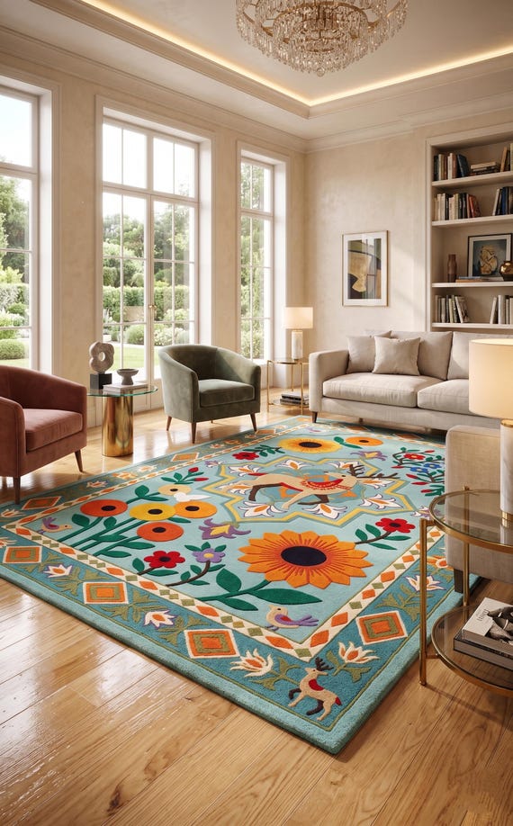 Sky Blue Wool Hand-Tufted Deer Floral Area Rug, Folk Art Botanical 9x12