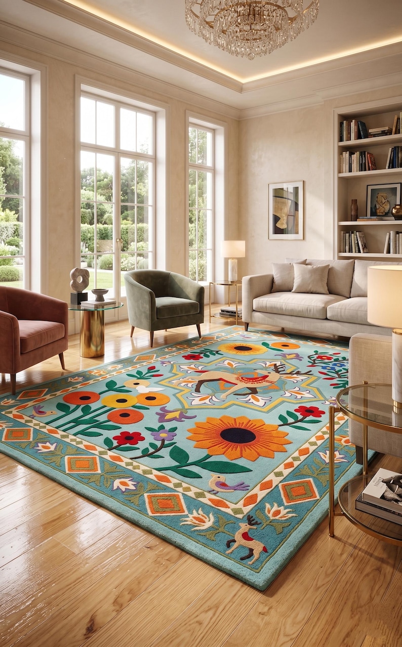 May include: A rectangular area rug featuring a light blue background with a colorful pattern of large orange sunflowers, red flowers, small birds, and stylized deer figures. The border includes geometric diamond shapes and floral motifs.