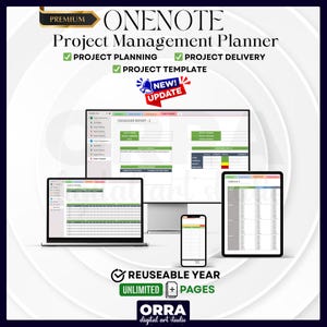Op de afbeelding: Een digitale projectmanagementplanner weergegeven op een laptop, desktopmonitor, tablet en smartphone. De planner bevat projectplanning, levering en sjabloonfuncties. De afbeelding bevat ook de tekst "ONENOTE Project Management Planner" en "REUSEABLE YEAR UNLIMITED + PAGES."