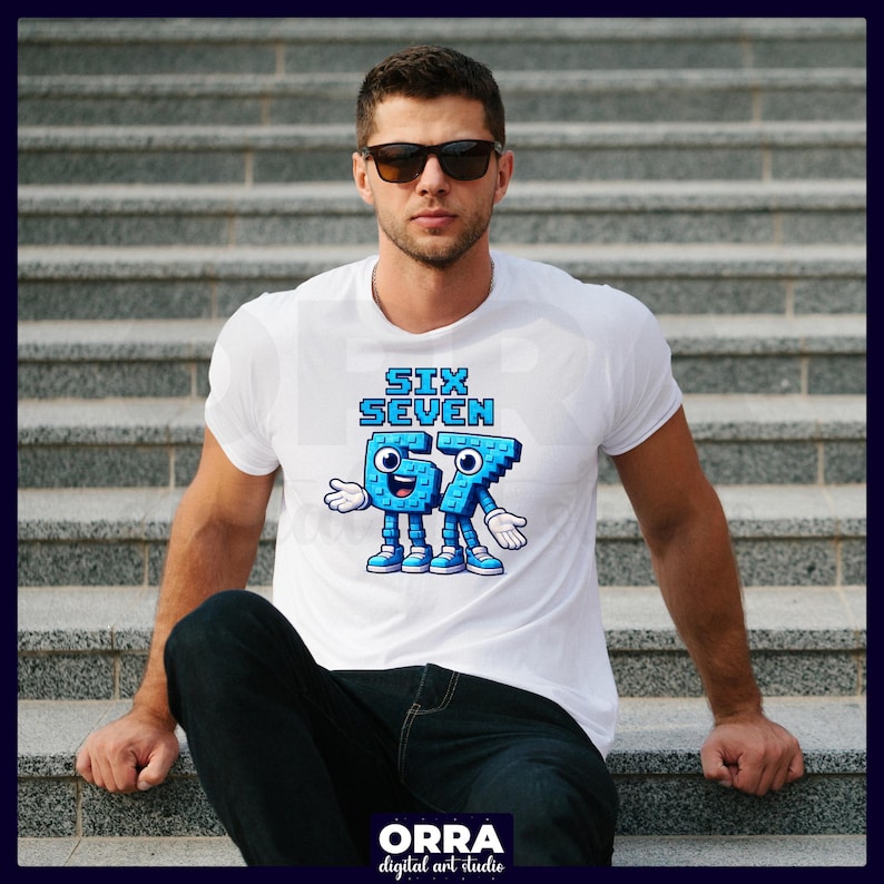 May include: White t-shirt with the text "SIX SEVEN" in blue pixelated font, featuring a cartoon "67" character. The character is blue with white gloves and shoes. The person is wearing sunglasses and dark blue jeans.