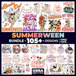 May include: A digital design bundle featuring over 105 Summerween graphics including ghosts, skeletons, pumpkins, and tropical elements. The collection displays various illustrations with text like Books Out, Hot Ghoul, Summerween, and Tropical Goth Vibes.