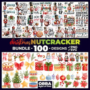 May include: A digital collection of 100 Christmas nutcracker designs, including various nutcracker figures, holiday text, wrapped gifts, ornaments, Christmas trees, drums, bows, and festive greenery, presented as a bundle of PNG and SVG files.
