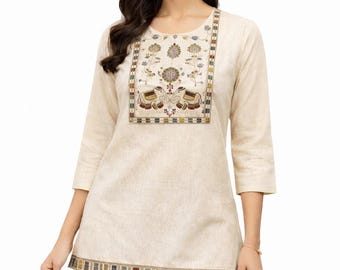 Crème katoenen olifant geborduurd Kurti | Indiase etnische feestelijke top